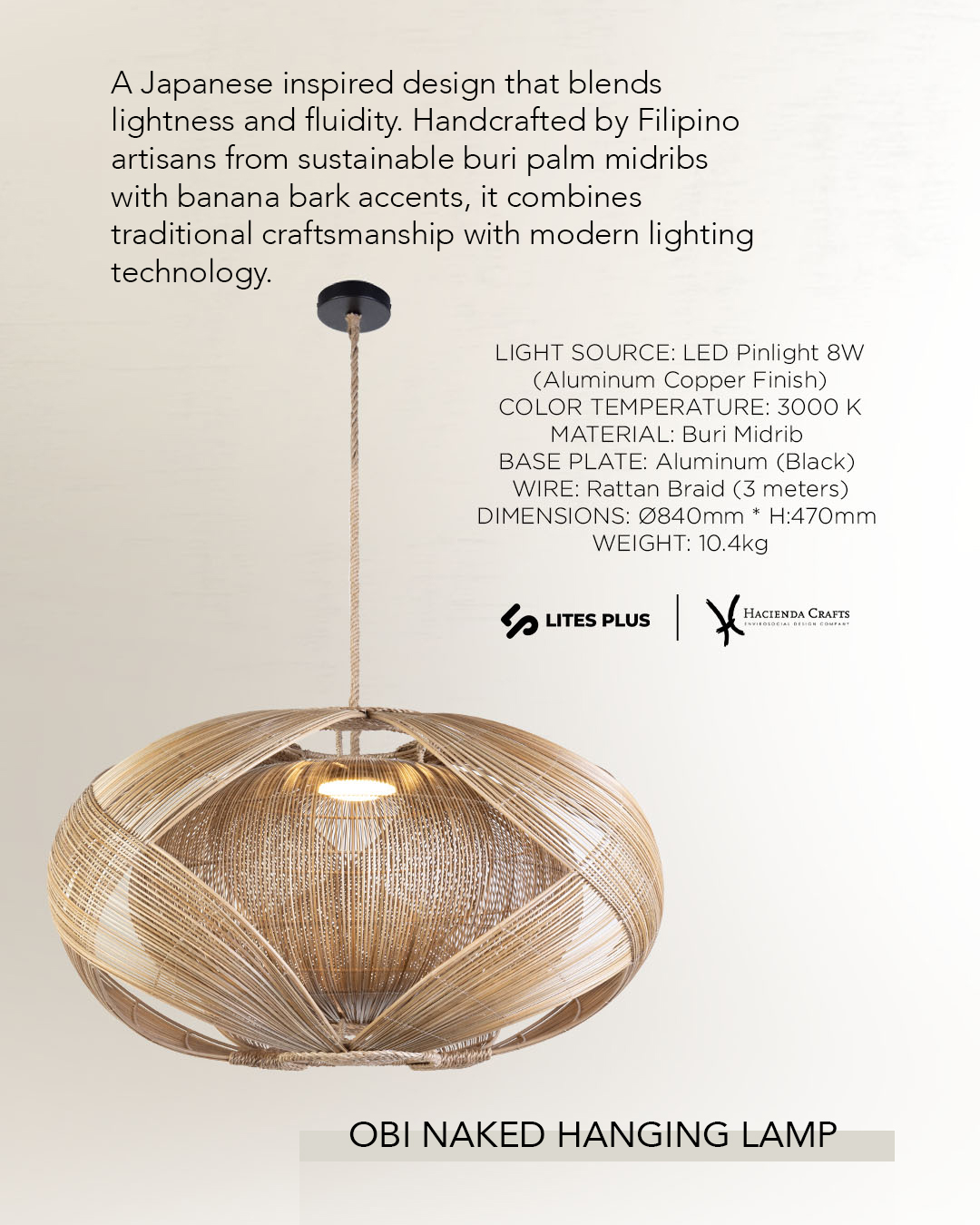 OBI Naked Hanging Lamp Medium 840mm buri pendant light with black aluminum base and 3 meter suspension